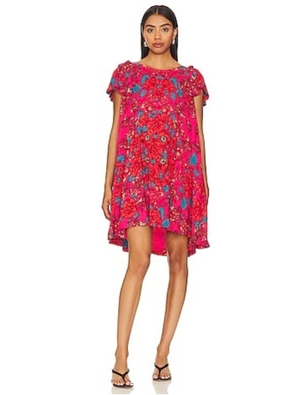 Free People Pink Floral Flutter Sleeve Babydoll Mini Dress M EUC Dopamine